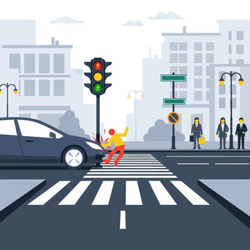 Car accident at pedestrian crossing, pedestrian hit by car, traffic light failure