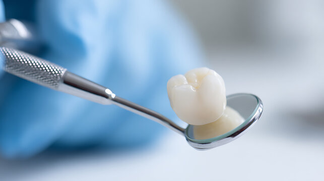 Dental Prosthesis: Close-Up of a Ceramic Tooth Crown on a Mouth Mirror, Held by a Hand in a Blue Protective Glove for Restoration Work