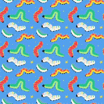 Cute stylized caterpillars in playful cartoon style with bright colors and funny details. Seamless pattern of quirky vector characters for kids design, textile, wrapping paper and nursery decor.