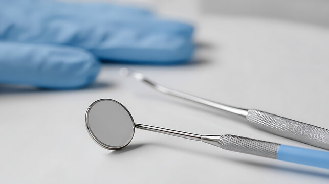 Essential dental examination tools and protective gloves on a clean white surface, symbolizing oral health, hygiene, and professional care