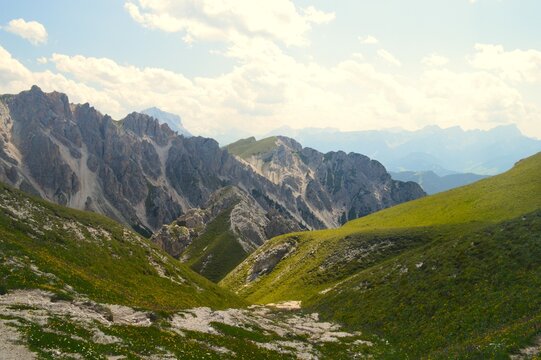Mountain view from Kronplatz in summer alpine panorama landscape