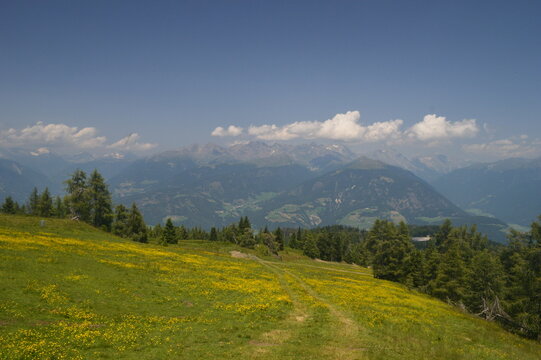 Mountain view from Kronplatz in summer alpine panorama landscape