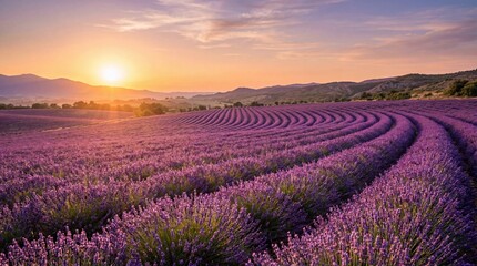 Scenic Lavender Field at Sunset with Mountain Horizon and Soft Purple Sky