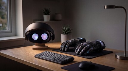 Robotic Hand Interacting with Modern Computer Setup on Home Office Desk