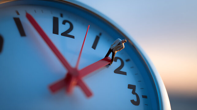 Miniature figure struggle with time on a large clock face, representing pressure, deadline, urgency, and business challenge concepts against a sky background