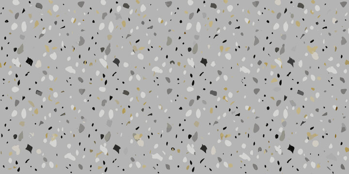 Gray terrazzo pattern with scattered black white and gold flecks