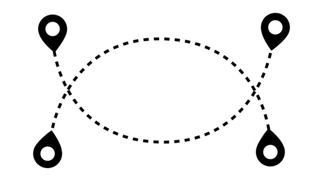 Minimal black dotted line route on white background, 4k seamless loop map path animation with location pins, professional motion graphics for travel agencies and destination highlights.