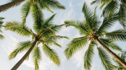 Obraz premium View Looking Up Through Lush Green Palm Tree Fronds Towards a Bright Blue Sky