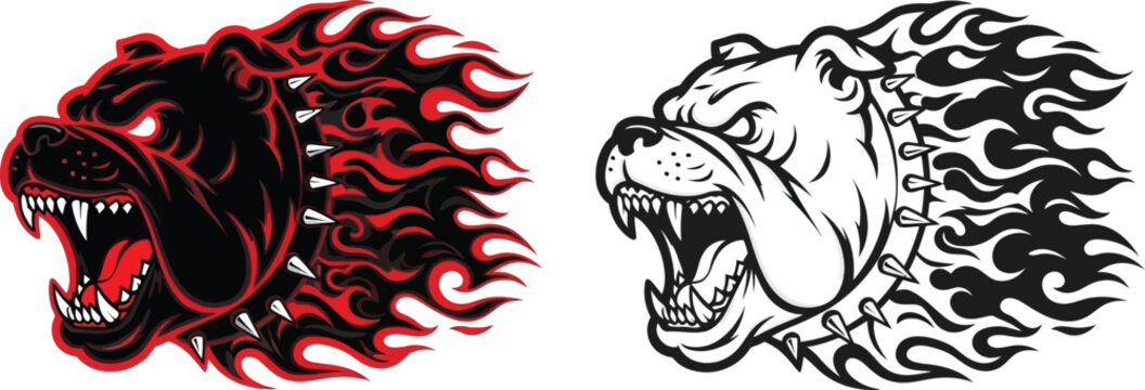 Furious bulldog mascot with fiery mane and spiked collar, presented in both color and monochrome vector art, roaring with open mouth and sharp teeth.