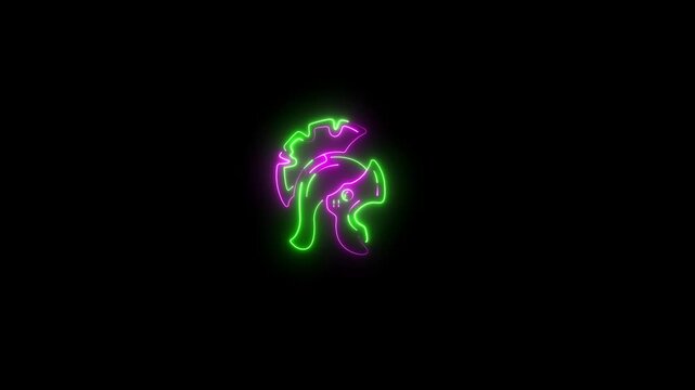 4K Glowing Neon Spartan Helmet Animation - Vibrant Green and Purple Gladiator Line Art Motion Graphic on Black Background.