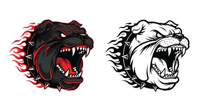 Aggressive bulldog head mascot with flames, depicted in both color and black and white versions, roaring with spiked collar.