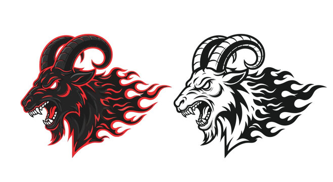 Two fierce goat head mascots with flaming manes, one in red and black, the other in monochrome, depicting power and aggression.