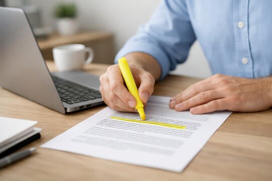 Close-up of hands using a yellow highlighter to mark passages on a printed document on a wooden desk beside an open laptop and coffee cup, showing focused office review and editing