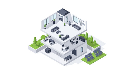 Fototapeta premium Modern Isometric Smart Home with Solar Panels and Greenery.