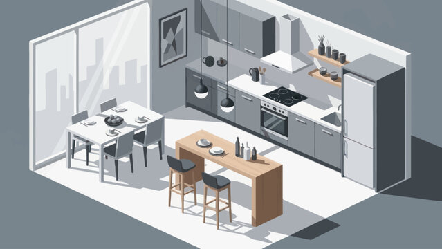 Modern Isometric Kitchen Design with Island and Dining Area.