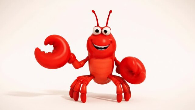 Animated red cartoon lobster with big claws and a smiling face in a light background