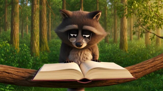 Animated raccoon reads book in forest environment for education and childrens content with storytelling element