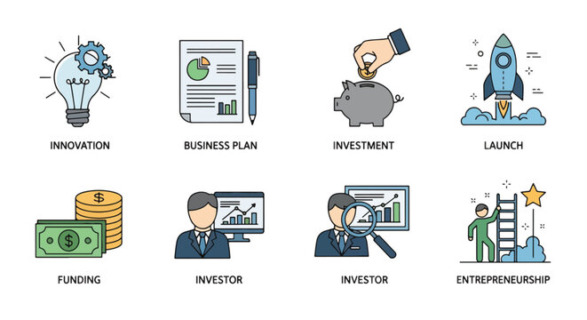 Business and investment icons for finance and entrepreneurship concepts