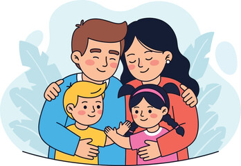 Obraz premium Loving parents embrace their two small children in a warm family portrait.