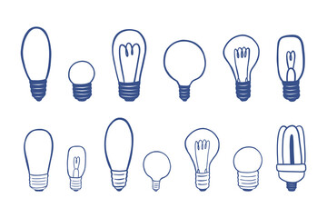 Fototapeta premium Set of hand drawn light and LED bulb outlines in different shapes. Minimal blue line art icons isolated on white background. Perfect for Websites, presentations, social media, infographics, education
