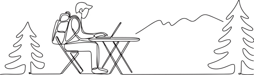 Fototapeta premium Single line drawing of a person working on a laptop outdoors