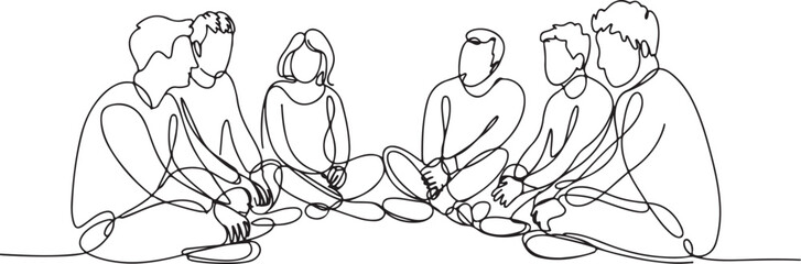 Obraz premium Group of people sitting in a circle in continuous line art Keywords: people, group, circle