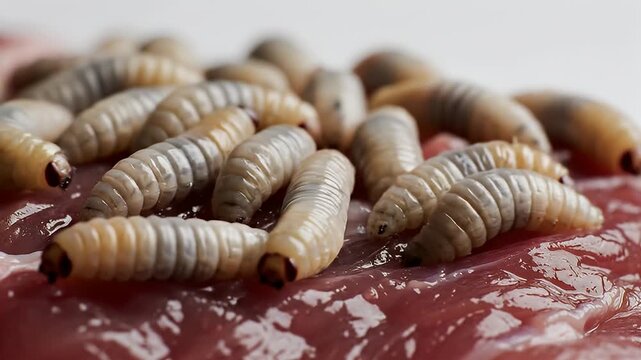 Maggots on Raw Meat Closeup.