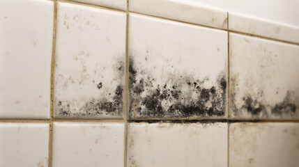 Naklejka premium Unhealthy Home Environment: Close-up View of Black Mold Accumulation on White Bathroom Tiles and Grout, Indicating Moisture and Poor Hygiene