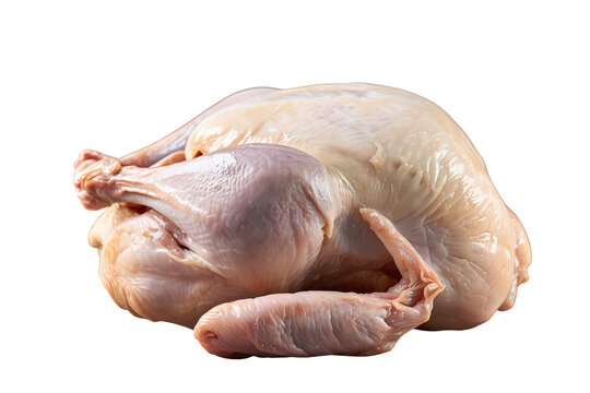 Raw whole chicken broiler showing fresh uncooked poultry meat with skin on a transparent background