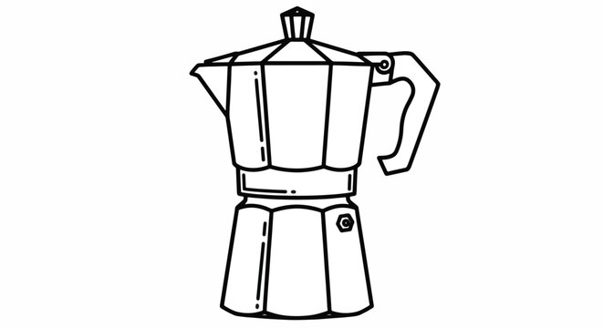 A drawing of a metal stovetop espresso maker suggests the preparation of a caffeine beverage brewed in the home showcasing a traditional coffee brewing method with a distinct form and design a