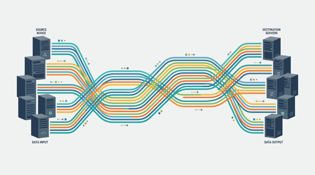 Abstract visualization illustrates complex data flow from source nodes through interwoven pathways to destination servers.