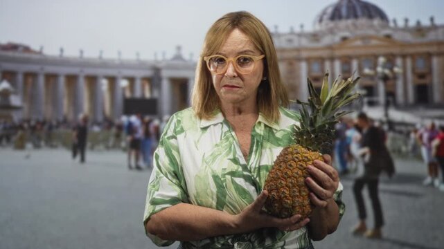 Middle age woman holding pineapple with hands in front of historic building piazza, wearing glasses and green shirt, stern gaze; defiance travel memory.