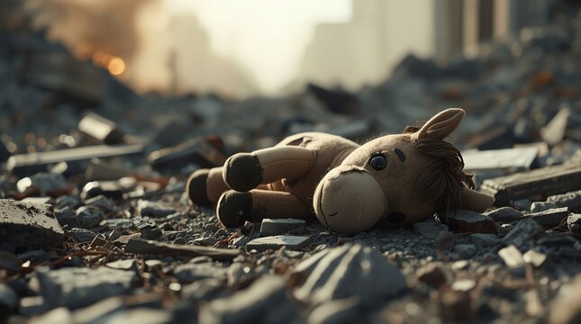Abandoned stuffed toy lying in rubble of a destroyed city street, evoking World War 3 and nuclear war aftermath in a bleak future battlefield