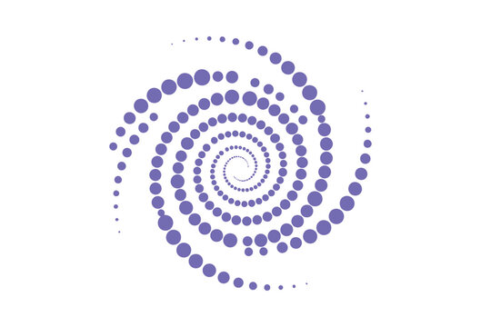 Abstract purple dot spiral graphic illustration demonstrating logarithmic growth pattern resembling a vortex or whirlpool design on transparent background