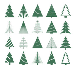 Obraz premium Christmas Tree Set Flat Design Holiday Pine Evergreen Winter Decoration Festive Celebration New Year Isolated White Background Vector Illustration