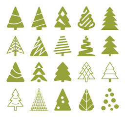 Obraz premium Christmas Tree Set Flat Design Holiday Pine Evergreen Winter Decoration Festive Celebration New Year Isolated White Background Vector Illustration
