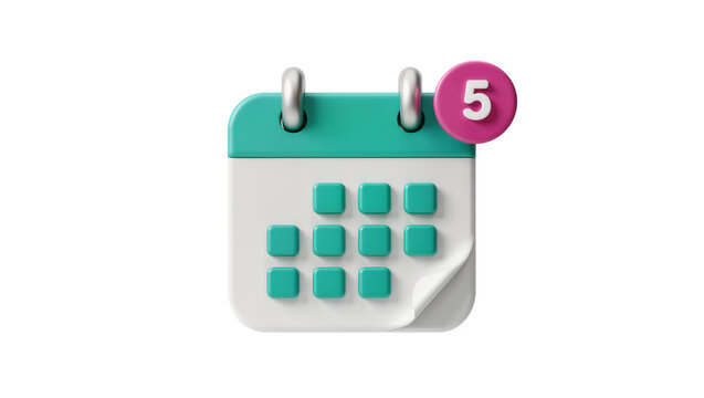 Modern 3D calendar icon with a pink circle notification showing 5 , isolated PNG on transparent background, representing important dates and reminders