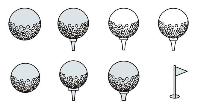 Collection of Golfing Elements Featuring Balls on Tees and a Flag Representing Game Day Activities and Recreation Sport Tournament Preparation and Golf Course Design Concepts Teamwork and