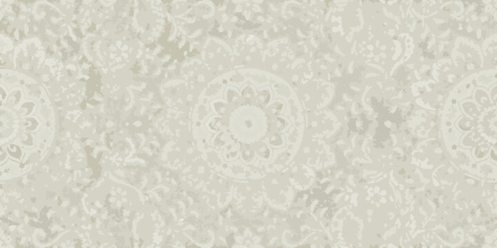 Intricate floral damask pattern repeated across a light beige background