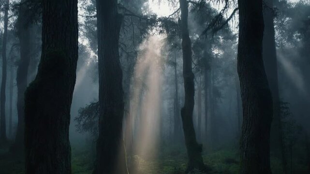 Sunlight filtering through misty forest trees
