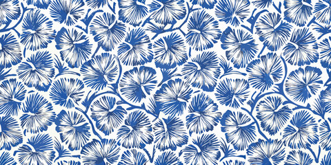 Seamless pattern of blue and white stylized floral hibiscus blossoms © Suresh