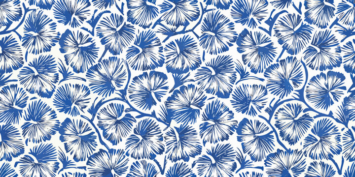 Seamless pattern of blue and white stylized floral hibiscus blossoms