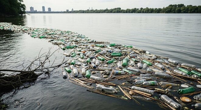 River pollution with plastic bottles and debris.