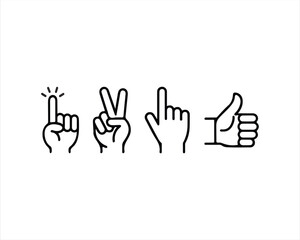 Fototapeta premium Hand gestures line icon set. Collection of human hand signs including thumbs up, victory, pointing and clicking finger isolated on white background.