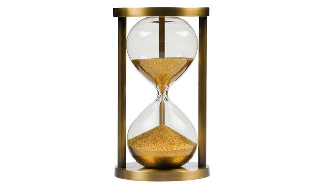 Elegant golden sand hourglass with antique brass frame, a classic time measurement device isolated, symbolizing deadlines and passing moments PNG