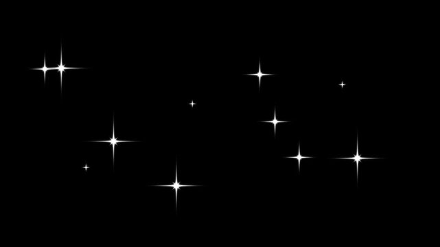 fast line glitter star motion, glowing light effect, star sparkle vector doodles, Twinkling stars animation, white cartoon blinking stars, flat vector doodle sparkle star, black background 4k video