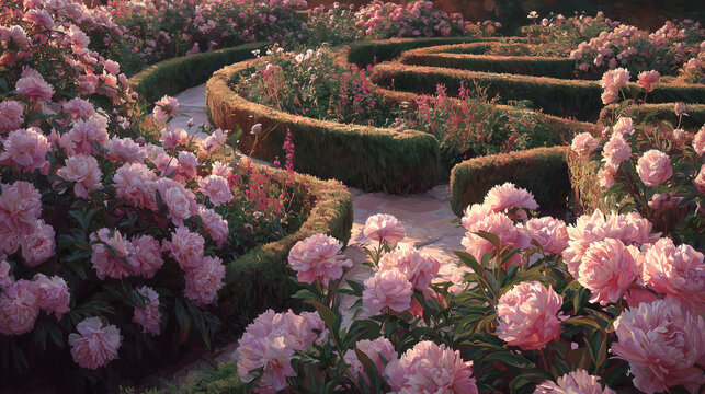 peony garden in soft pastel colors with winding pathways forming maze-like patterns, slightly disorienting composition, golden hour lighting