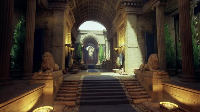 sunbeam lit aisle with statues and lush greenery, high arches and stepped approach, peaceful gardentemple feel, warm morning atmosphere and detailed stonework