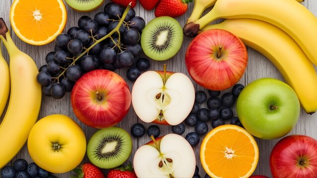 Top view of apples with other fruits, colorful flat lay composition, manzana, pomme, تفاح, सेब, سیب, elma, appel, jabłko, healthy food assortment, fresh organic ingredients, vibrant background