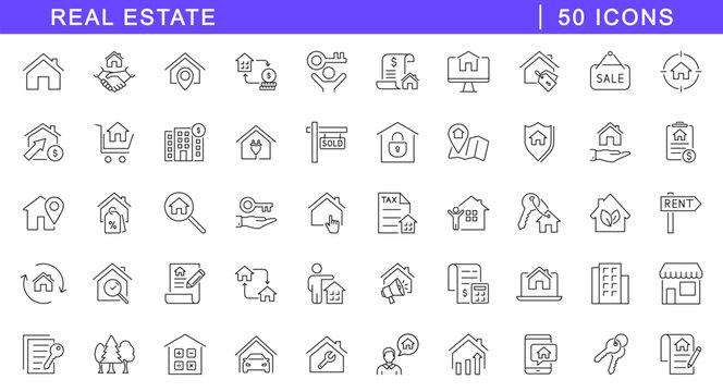 Real estate icon set. Property icons in line style. Editable web icons house, buying, renting, home, building, mortgage, address, renovation etc. Vector illustration.